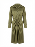 Olive Satin Ruched Shirt Dress