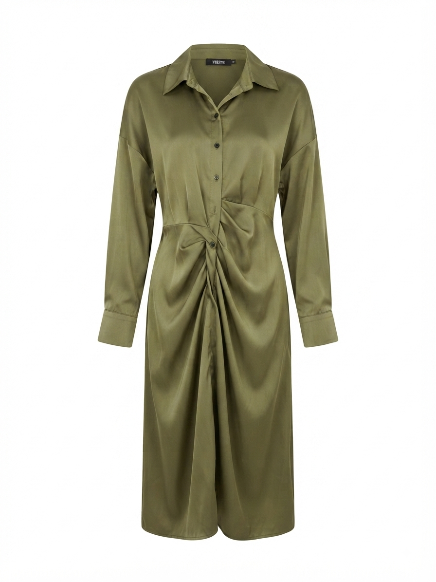 Olive Satin Ruched Shirt Dress