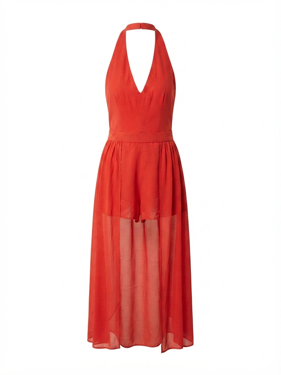 Scarlet Halter Sheer-Leg Jumpsuit