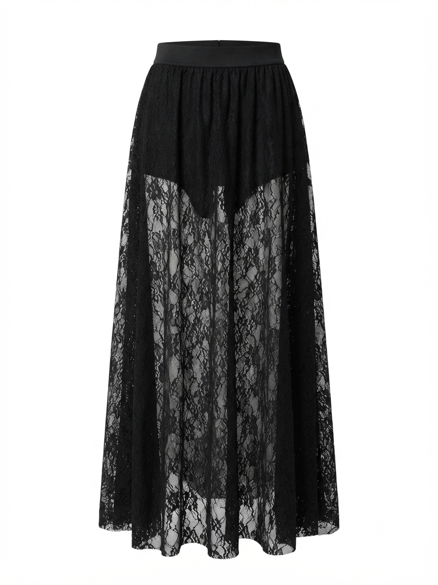 Black Sheer Lace Maxi Skirt